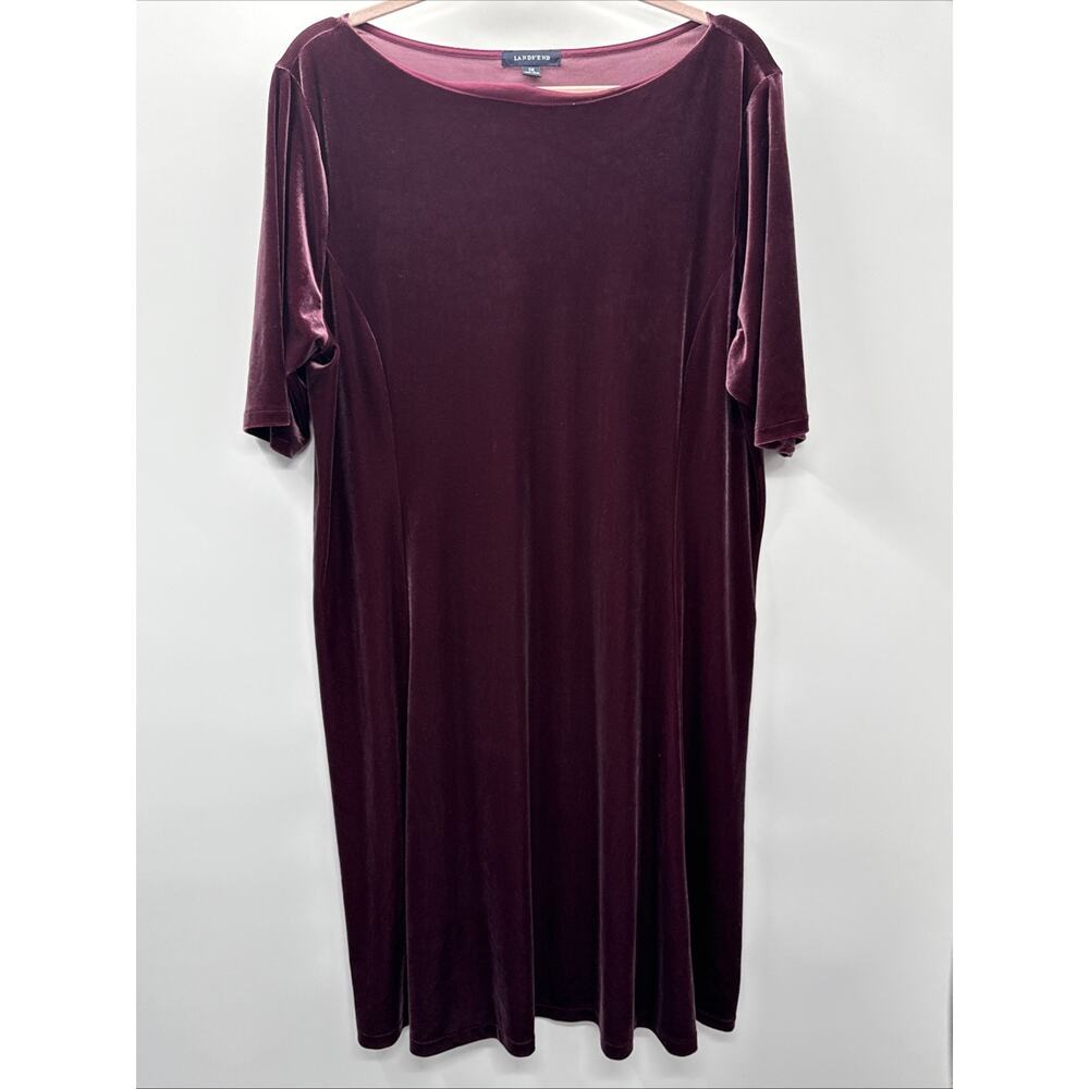 Land's End Short Sleeve Shift Velvet Dress Burgundy Red Size 1X Boat Neck